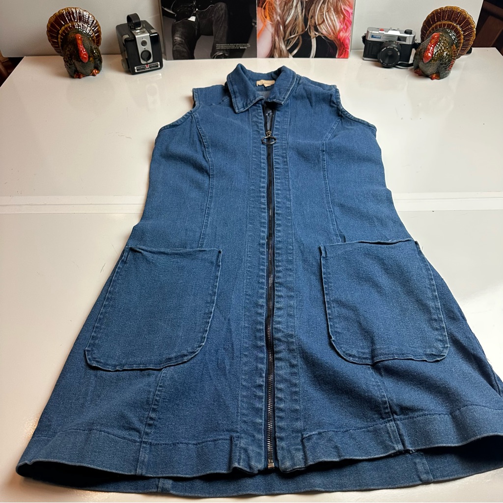 Casual Blue Denim Zip-Up Vintage Dress